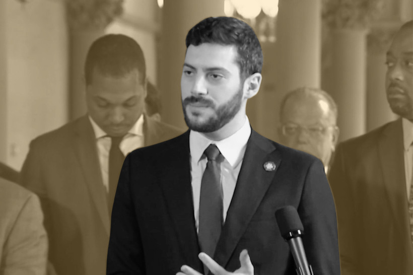 Illustration of Alex Bores speaking at a press conference.