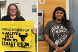 In one photo, a person holds a giant yellow sign "Proud Member of Quality Hill Tenants Union." In the other, a woman in a Joan Jett shirt stands defiantly in front of an elevator.