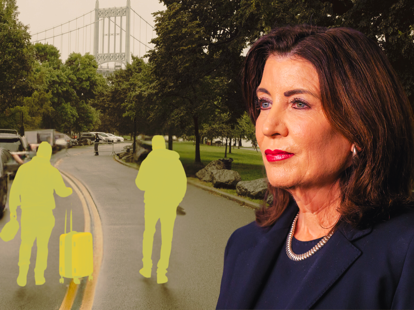 A photo illustration showing Governor Kathy Hochul's face and migrants walking down a NYC street.