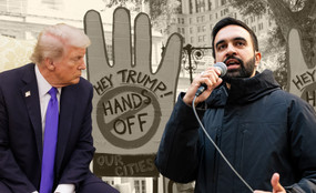 A photo collage of Donald Trump and Zohran Mamdani over either side of a photo from a No Kings protest, with a sign shaped like a hand in the middle reading "Hey Trump! Hands off our cities."
