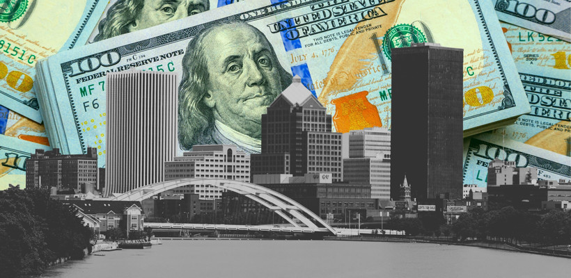 Rochester skyline with 100 dollar bills in the background