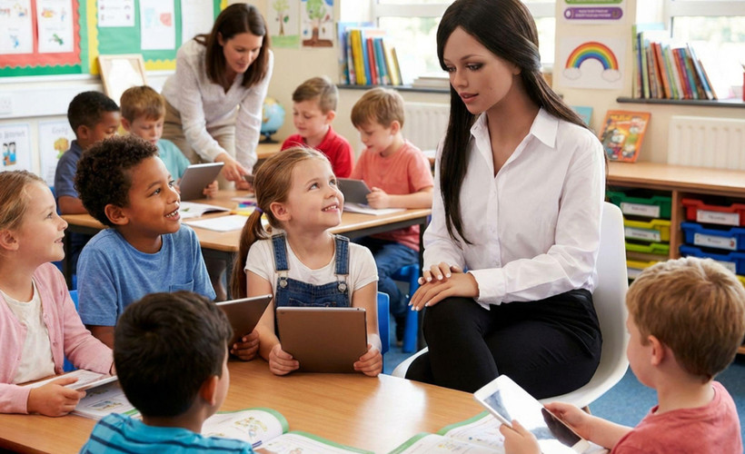In an AI-generated image of a photograph, five young children in a classroom interact smile up at a humanoid robot whose appearance is similar to an adult woman. In the background, four children interact with an adult human teacher.
