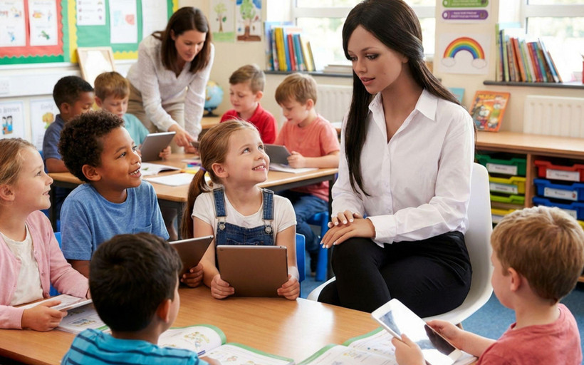 In an AI-generated image of a photograph, five young children in a classroom interact smile up at a humanoid robot whose appearance is similar to an adult woman. In the background, four children interact with an adult human teacher.