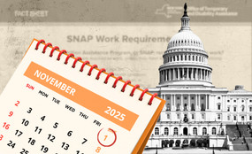 A calendar with November 1 circled, in front of a photo of the United States Capitol and a document showing the new SNAP work rules.