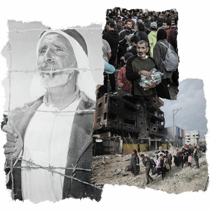 A collage of different pictures. In the first, a man looks on from behind barbed wire. In the second, a man holds water bottles in the middle of a crowd. In the last, a line of people carrying suitcases walks past a destroyed building.