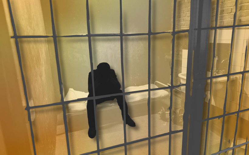 A person inside an extremely hot prison cell sits hunched over.