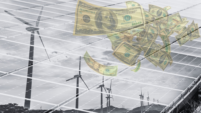 A solar planel with wind turbines in its reflection, and hundred dollar bills fluttering in the air.