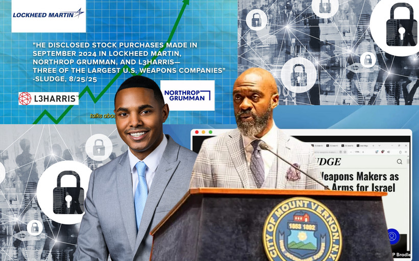 A photo collage of Representative Ritchie Torres and Michael Blake in front of images of tanks and screenshots of Blake's campaign video, lambasting Torres for his investments in weapons companies and his support of sending arms to Israel.