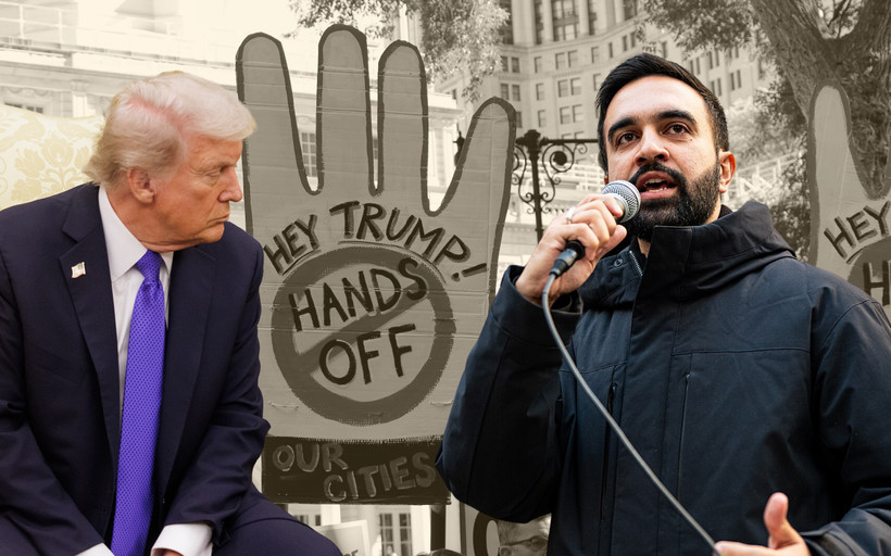 A photo collage of Donald Trump and Zohran Mamdani over either side of a photo from a No Kings protest, with a sign shaped like a hand in the middle reading "Hey Trump! Hands off our cities."