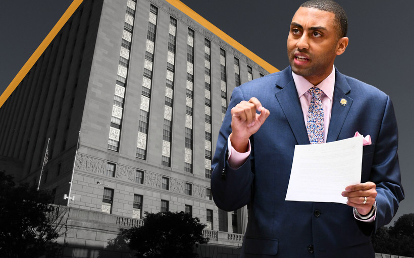 A photo illustration showing Bronx Democratic Party Chair Jamaal Bailey in front of the Bronx County Courthouse.