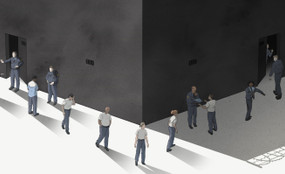 Correctional officers are being blocked from a door of a prison on the left side of an illustration. They walk around the corner, removing their uniforms, only to be welcomed back to a door on the right side of the prison. Their uniforms are returned to them in the process.