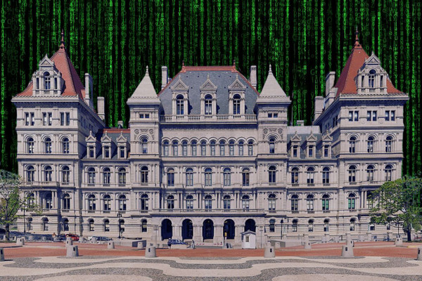 The New York state Capitol against a wall of code