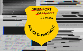 In the center of the image is a police badge with department names scratched out to represent O'Connell's history of moving from one department to the next. The badge is overlaid on a collage of O'Connell's redacted disciplinary records.