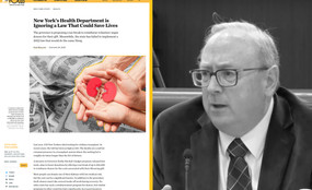 Split screen: left - New York Focus Article, "New York's Health Department is Ignoring a Law that Could Save Lives;" right - Health Commissioner James McDonald.