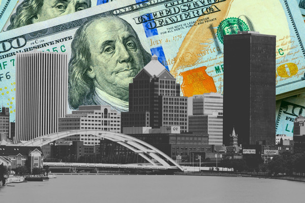 Rochester skyline with 100 dollar bills in the background