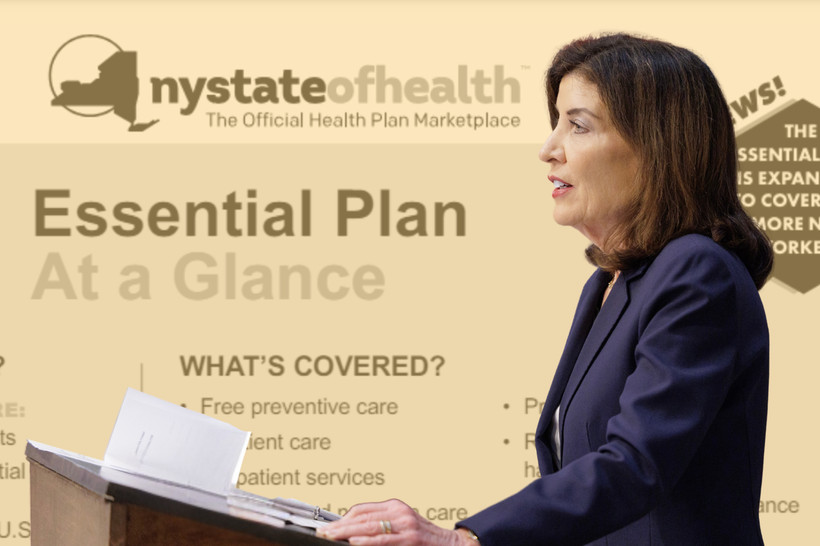 A photo collage of Governor Kathy Hochul in front of a yellow-tinted card explaining New York State of Health's Essential Plan.