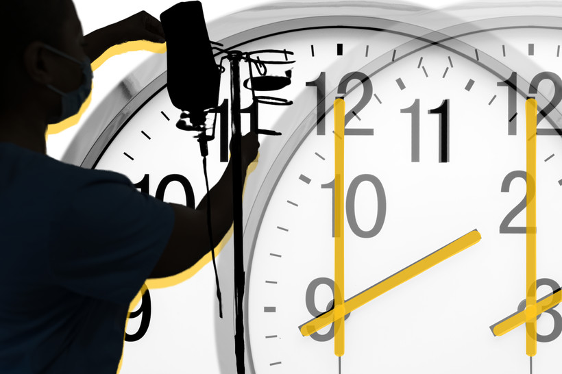 Photo collage of a home health aide fixing a dextrose IV bag, with a background of two large analog clocks showing a late hour.