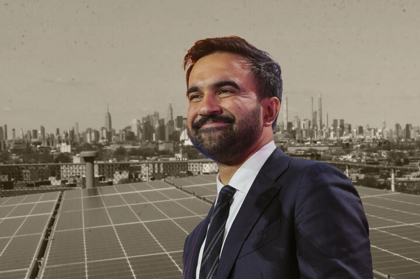 A photo collage of Zohran Mamdani in front of a roof with solar panels on it; a cityscape in the background.