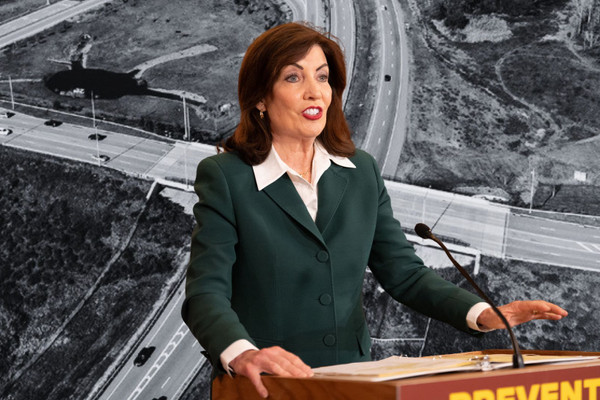 A collage of Hochul and the route 17 highway