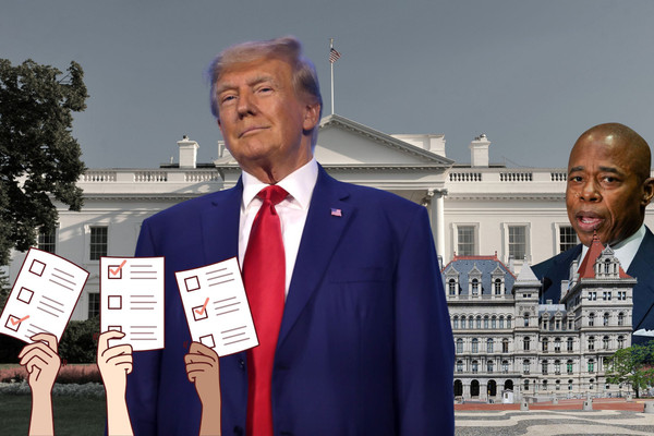 A photo illustration showing President Donald Trump and NYC Mayor Eric Adams with backgrounds of the White House and Albany Capitol Building.