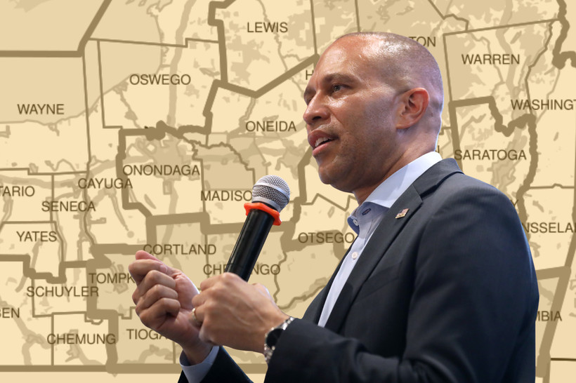 Photo of House Minority Leader Hakeem Jeffries overlaid on top of a map of New York state congressional districts.