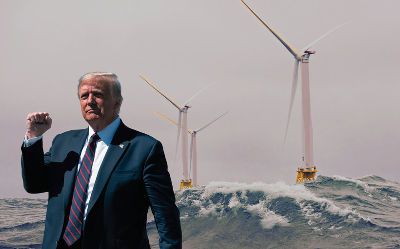 A collage with the background image of three wind turbines in the ocean. Overlayed is an image of President-elect Donald Trump with his fist in the air.