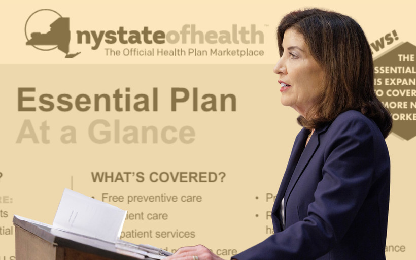 A photo collage of Governor Kathy Hochul in front of a yellow-tinted card explaining New York State of Health's Essential Plan.