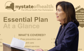 A photo collage of Governor Kathy Hochul in front of a yellow-tinted card explaining New York State of Health's Essential Plan.