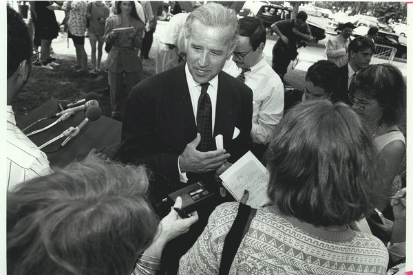 Joe Biden talking with reporters in 1994