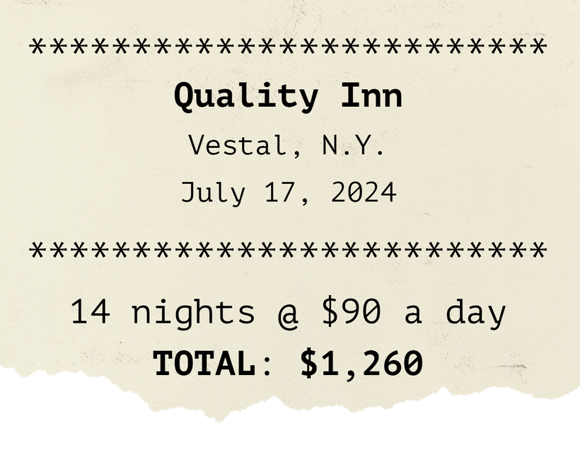 Illustration of a receipt with the text: Quality Inn. Vestal, New York. July 17, 2024. 14 nights @ $90 a day. TOTAL: $1,260.