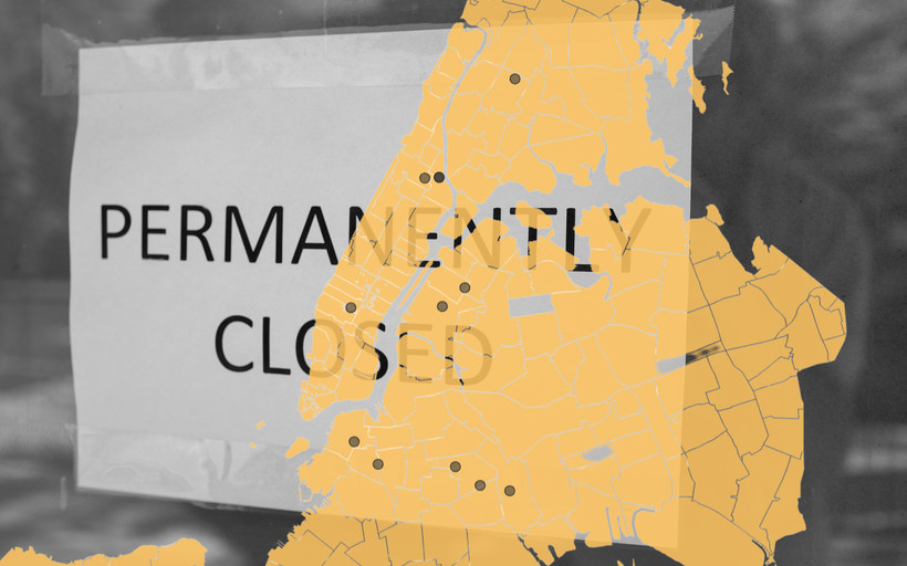 A map showing locations where layoffs have occurred in New York programs overlaid with a photo of a sign stating "permanently closed."