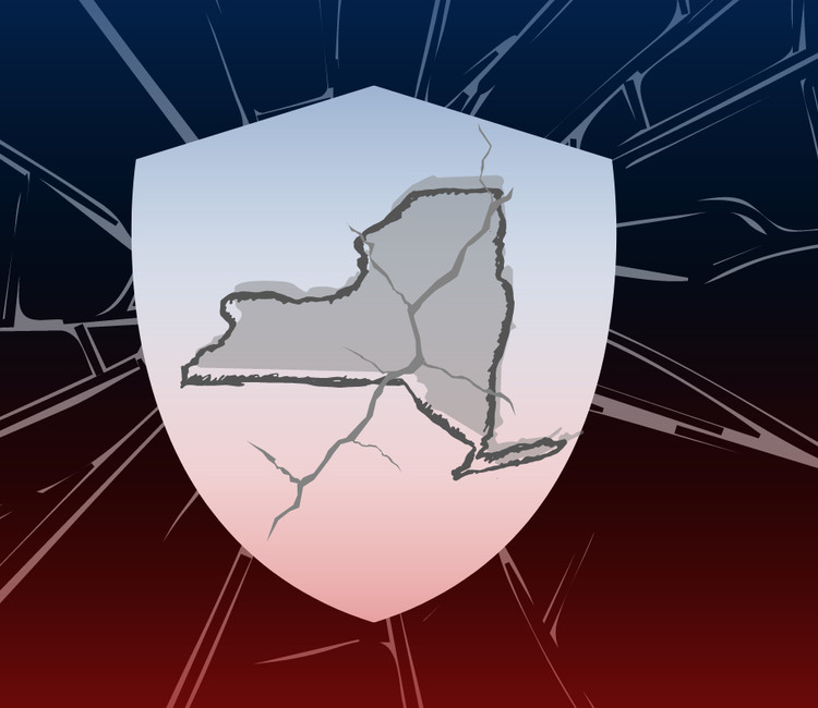 The outline of New York state, inside a badge, with a cracked effect on top and a blue and red gradient background.