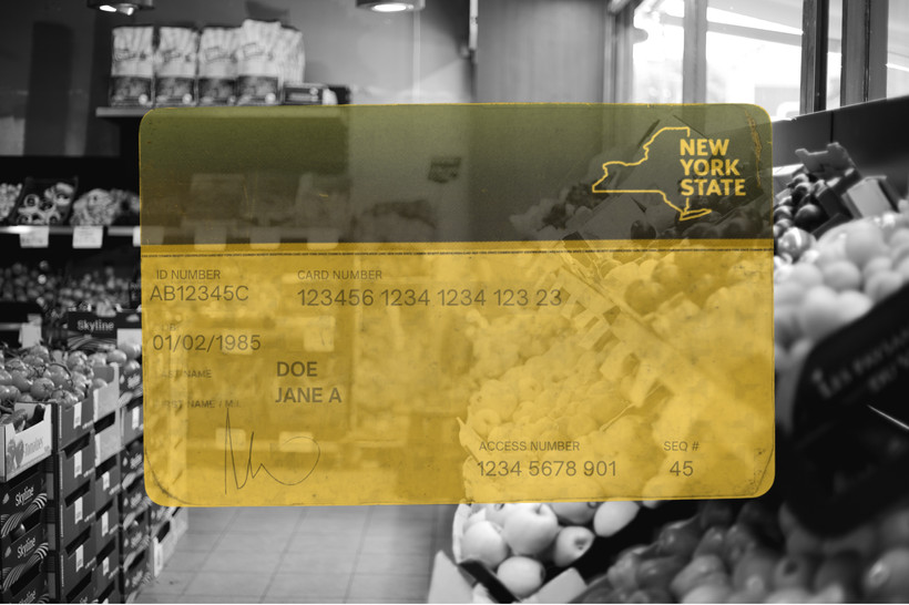 Photo collage of a transparent yellow SNAP card over the black and white produce section of a grocery store.