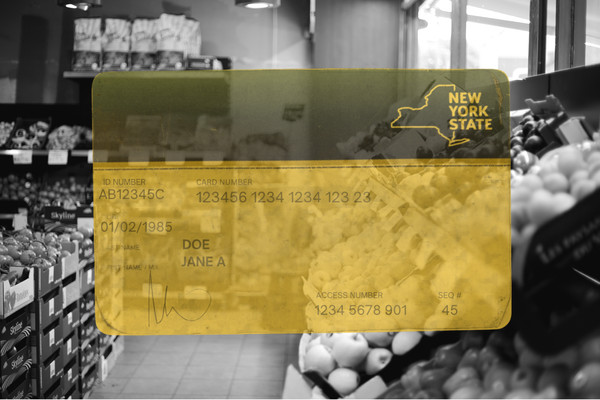 Photo collage of a transparent yellow SNAP card over the black and white produce section of a grocery store.