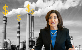 The image shows a collage with Kathy Hochul in the foreground and grey smokestacks in the background, with dollar signs among the smokestacks.