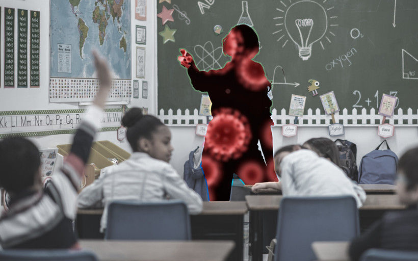 In school classroom full of children, a teacher silhouette of a teacher is filled in with microscopic coronaviruses.