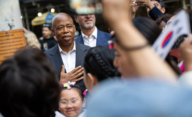 NYC Mayor Eric Adams delivers remarks at a flag-raising ceremony for the Republic of Korea in Bowling Green Park, NYC.