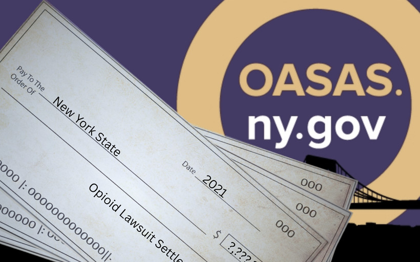 Three checks for an unknown amount fanned out across the logo for the Office of Addiction Services and Supports.