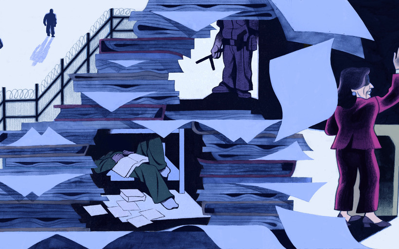 An illustration shows figures walking along next to a barbed wire fence, a large pile of paperwork, a person in a green prison uniform lying down with a book on top of them, a guard holding a baton stick and a woman in a red suit waving her hand while standing at a podium.