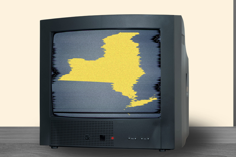 A television showing a staticky, distorted image of New York state.