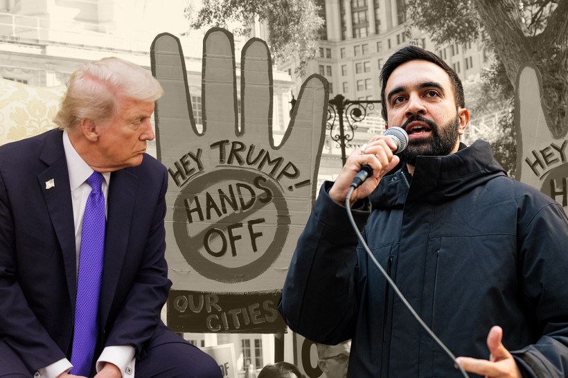A photo collage of Donald Trump and Zohran Mamdani over either side of a photo from a No Kings protest, with a sign shaped like a hand in the middle reading "Hey Trump! Hands off our cities."