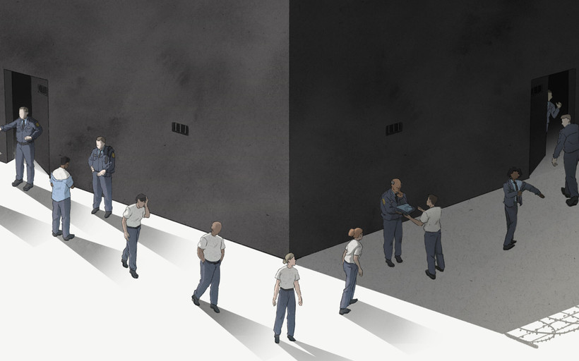 Correctional officers are being blocked from a door of a prison on the left side of an illustration. They walk around the corner, removing their uniforms, only to be welcomed back to a door on the right side of the prison. Their uniforms are returned to them in the process.