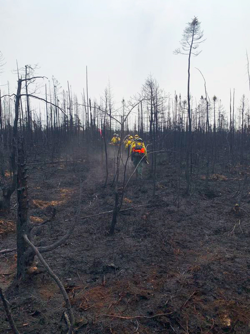 A group of firefighters walk through a wildfire in Nova Scotia.