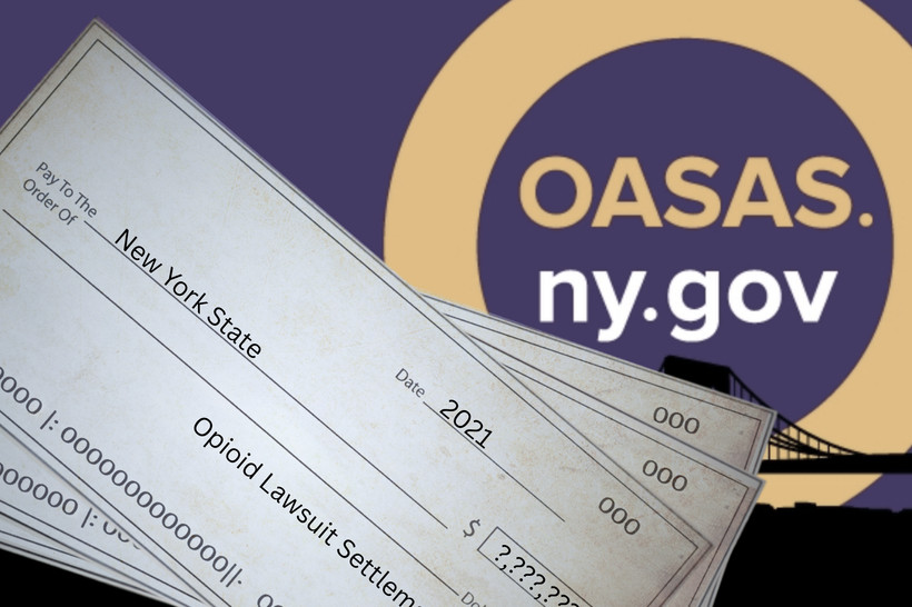 Three checks for an unknown amount fanned out across the logo for the Office of Addiction Services and Supports.