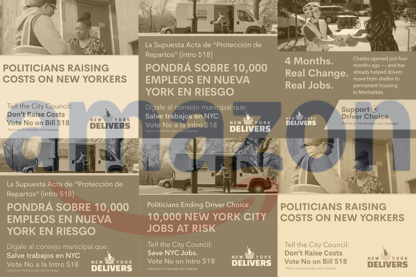 Six side-by-side fliers depicting delivery workers with slogans such as "Politicians raising costs on New Yorkers" and "10,000 New York City Jobs at Risk," show the logo of a group called "New York Delivers." The fliers are transparent, revealing a large Amazon logo underneath.