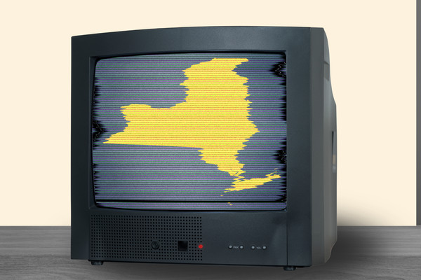 A television showing a staticky, distorted image of New York state.