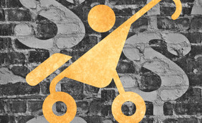 The logo of a baby in a stroller lays above a background of dollar signs on bricks.