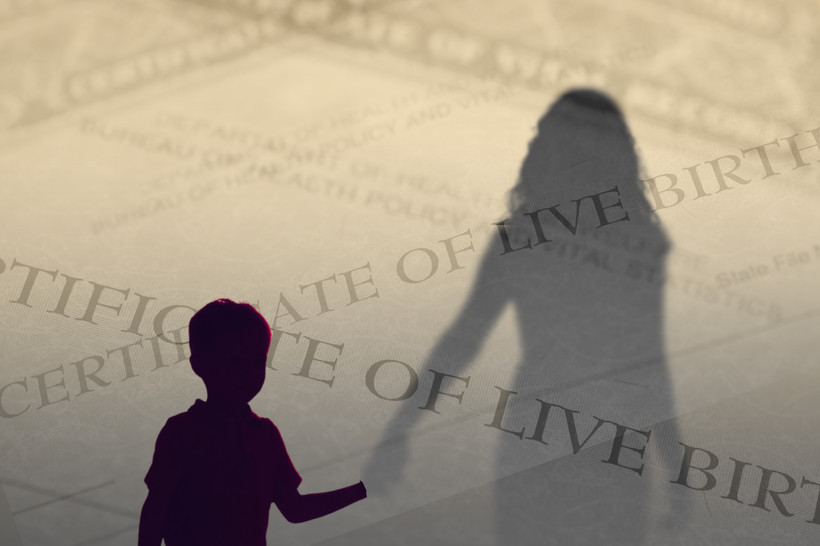 A child silhouetted in the foreground holds hands with an adult, who is separated from the child by a transparent layer composed of birth certificate paperwork.