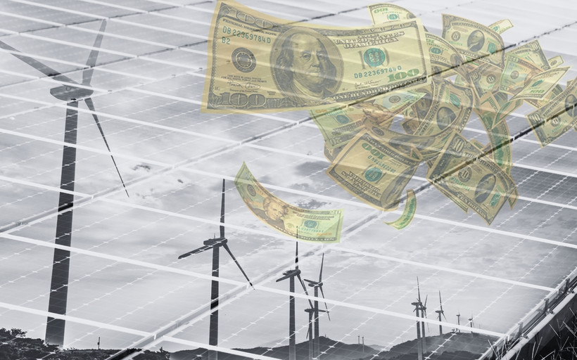A solar planel with wind turbines in its reflection, and hundred dollar bills fluttering in the air.