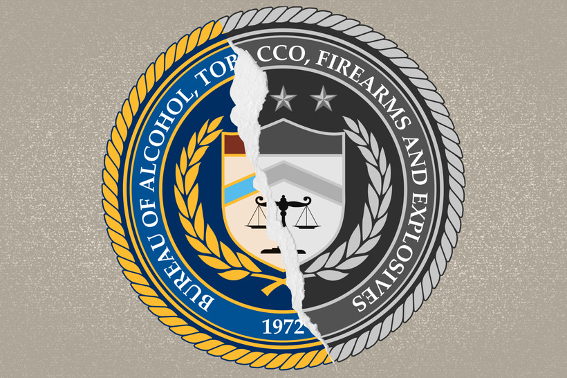 The logo of the Bureau of Alcohol, Tobacco, Firearms and Explosives appears town down the middle.
